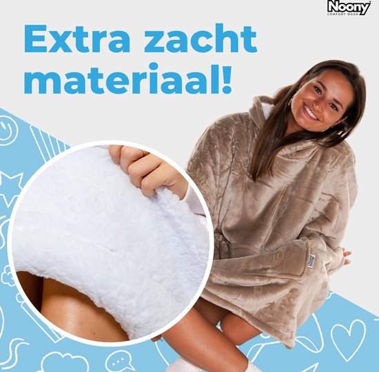 Close-up van de extra zachte, beige fleece van de Noony hoodie deken. "Extra zacht materiaal!"