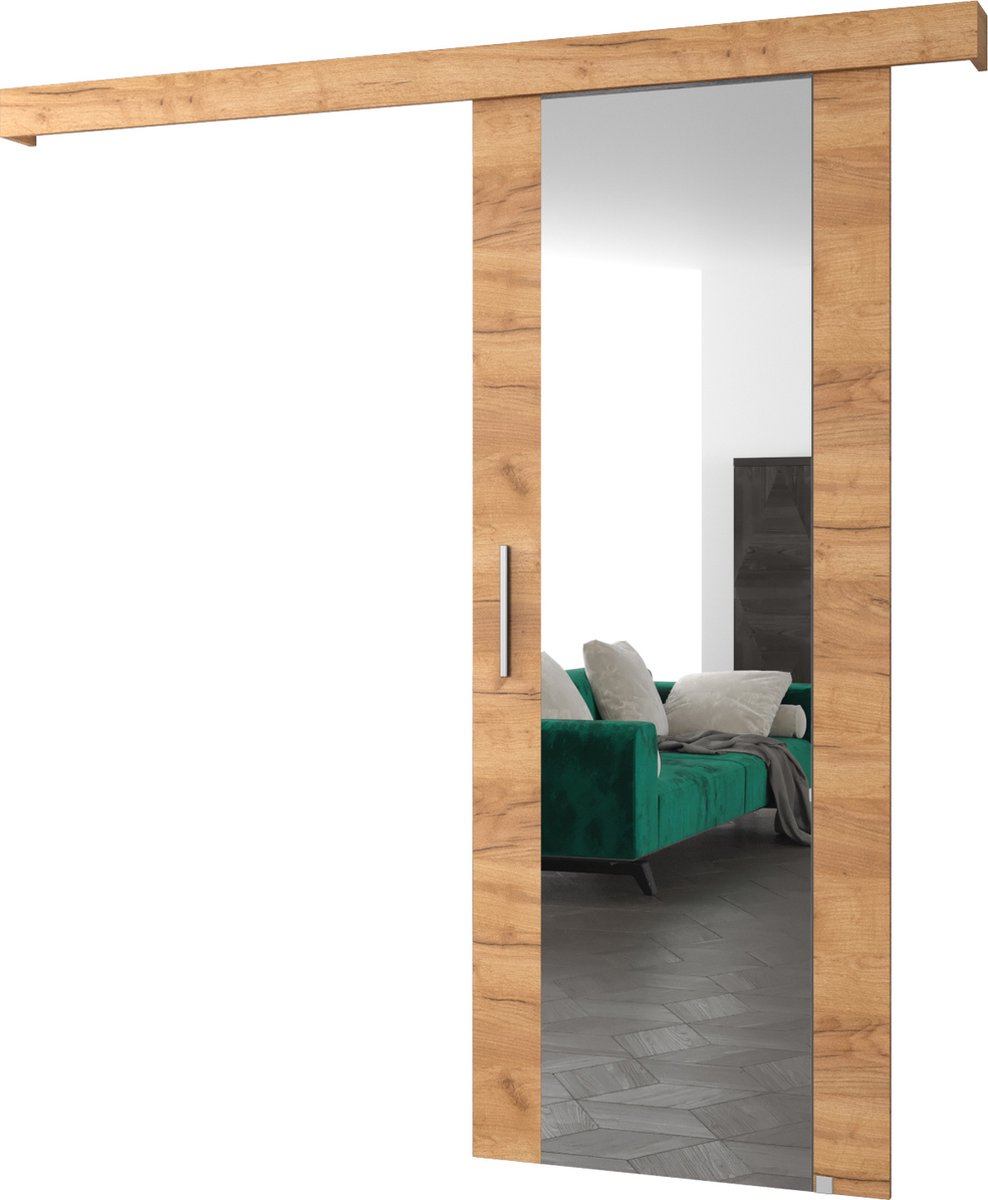 InspireMe - Schuifdeursysteem met rail en spiegel - 90x204cm - AGRA II - Gouden Eik + Zilver Handvat
