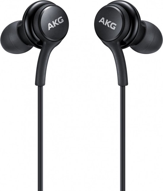 Zwarte AKG in-ear oordopjes met 'AKG' logo op de ronde oorschelpen.