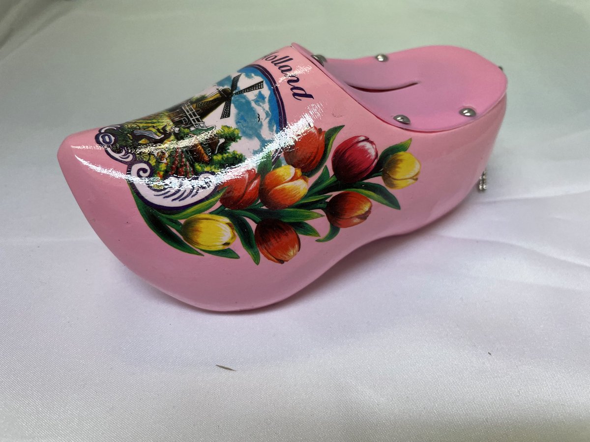 Spaarpot klomp roze met molen en tulpen