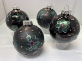 4 boules de Noël peintes à la main noires avec fleurs et strass