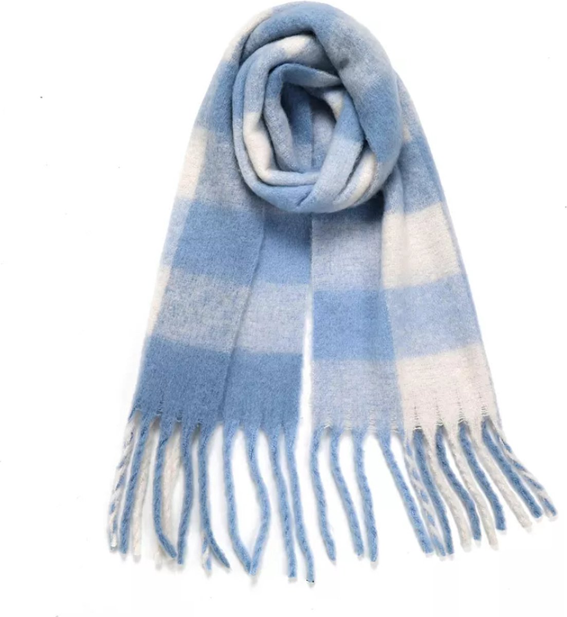 Oversized Geruite Sjaal Dames – Warme Winter Sjaal – Zachte Deken Sjaal met Franjes - Frosty Blue