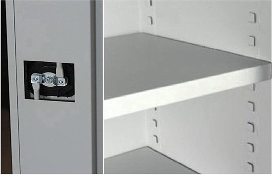 Collage: slot van grijze archiefkast met sleutels en detail van lege planken.