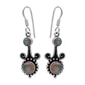Zilveren oorbellen met hanger dames | Zilveren oorhangers, labradoriet steen met sierlijke details en geoxideerde delen