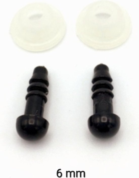 Twee zwarte veiligheidsoogjes van 6 mm met twee witte sluitringen.
