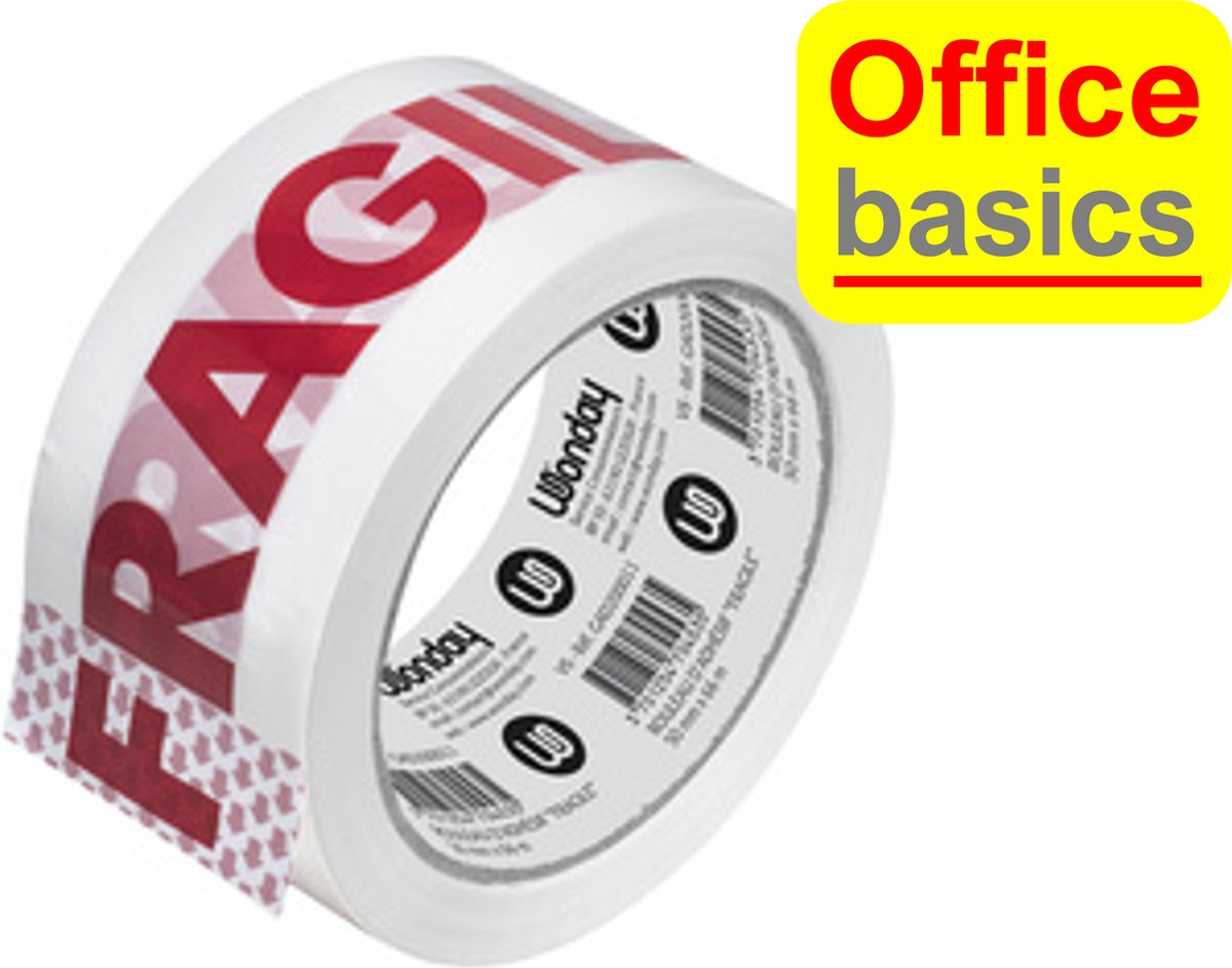 Tape Office Basics "FRAGILE" - 50 mm x 66 m - rood/wit