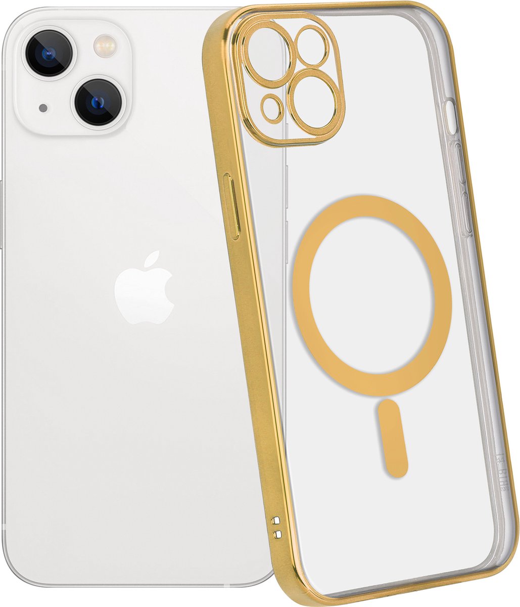 ShieldCase telefoonhoesje geschikt voor Apple iPhone 14 Plus hoesje transparant Magneet metal coating - goud - Backcover case doorzichtig - Shockproof hoesje - Met oplaad ring