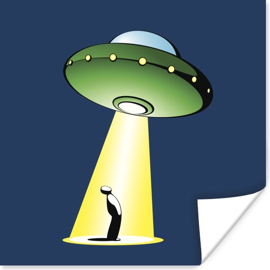 Poster Een illustratie van een UFO die een persoon inspecteert - Jongens - Meisjes - Kinderen - Kids - 50x50 cm