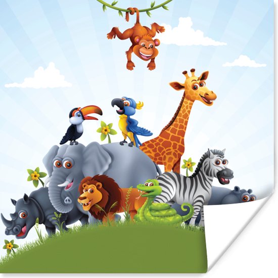 Poster Jungle - Illustratie - Wilde dieren - Jongens - Meisjes - Kind - 75x75 cm - Poster Kinderkamer