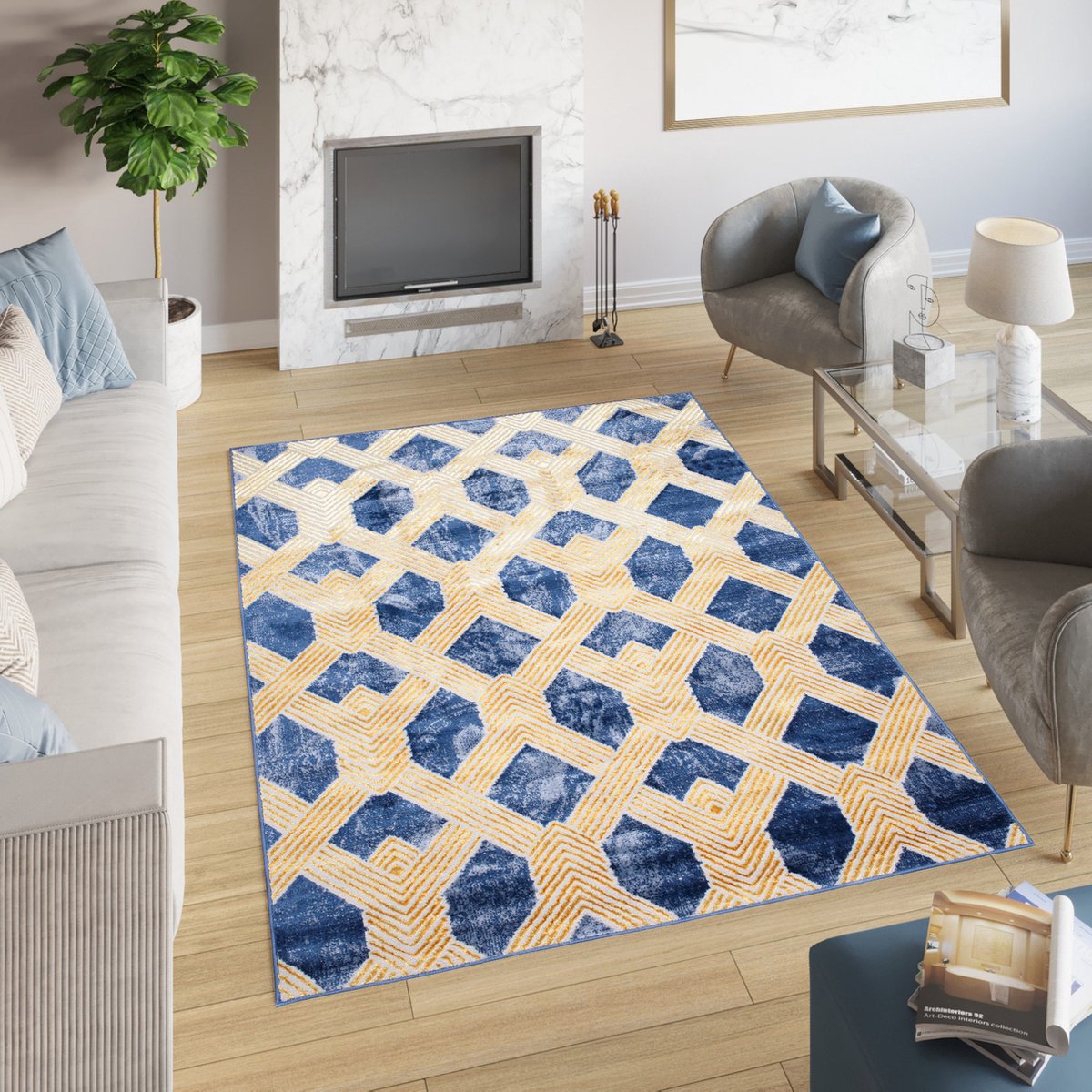Tapiso Shine Vloerkleed Blauw Modern Abstract Woonkamer Tapijt Maat- 120x170 Donkerblauw