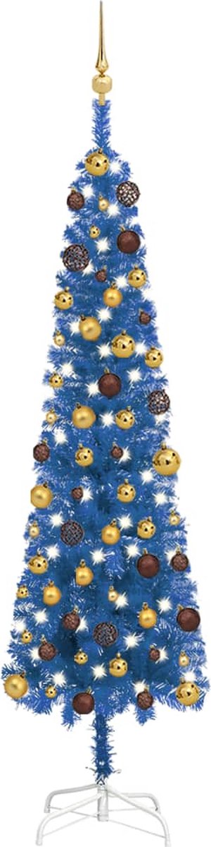 Prolenta Premium - Kerstboom met LED's en kerstballen smal 180 cm blauw