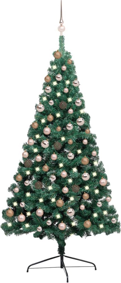 Prolenta Premium - Kunstkerstboom met LED's en kerstballen half 180 cm groen
