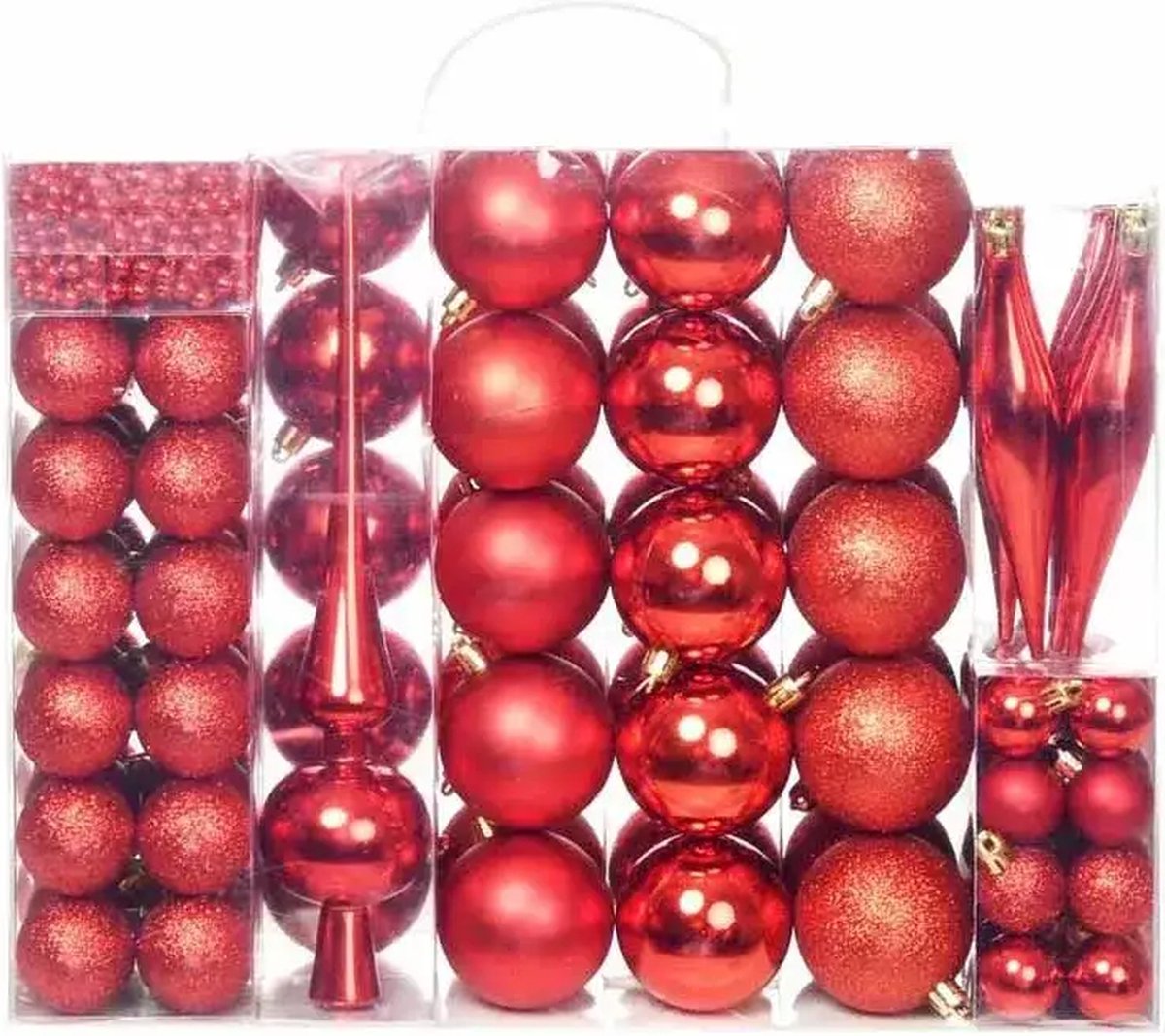 112 delige Kerstboom versiering - Rood - Kerstballen / Ballen / Lint / Piek - Kerstmis decoratie boom