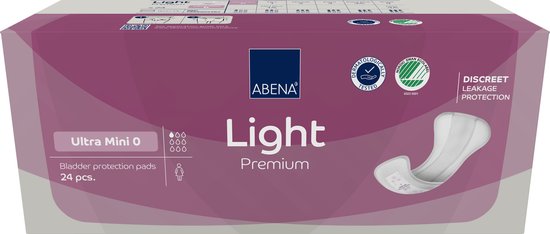 Doos van Abena Light Premium Ultra Mini inlegkruisjes voor dames en heren, 24 stuks, voor licht urineverlies. Bescherming met 'Discreet Leakage Protection'.