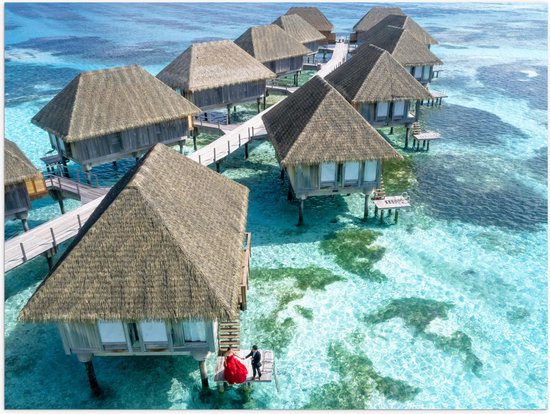 WallClassics - Poster Glossy - Bungalows à la Mer sur un IJland - Photo 40x30 cm sur Papier Poster avec Finition Brillante