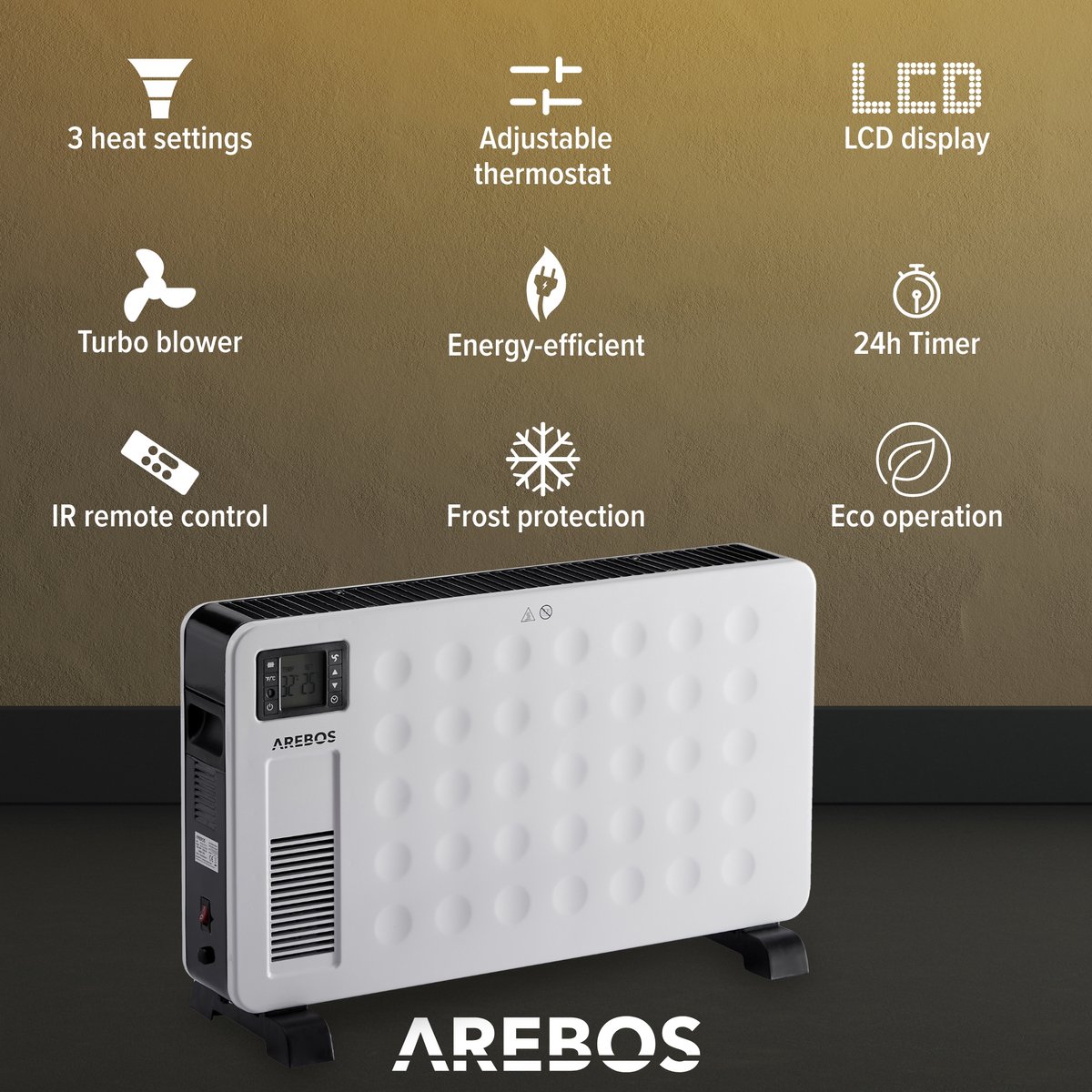 Arebos Convector 2300 W Elektrische Kachel Met 3 Warmtestanden Convectorkachel Mobiele Energiebesparing Stille Verwarming Ventilatorkachel Zwart 587601951