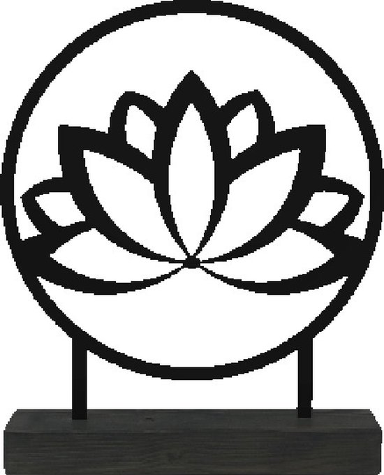 Lotus decoratie - metaal in houten sokkel - trendy mat zwart - 35cm doorsnede - mooie symboliek