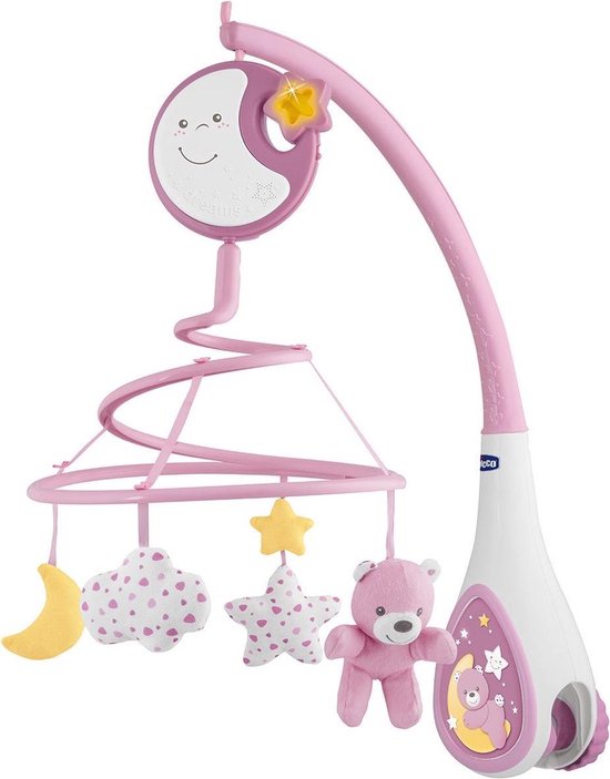 Roze muziekmobiel met een lachende maan, sterren, een teddybeer en wolken.