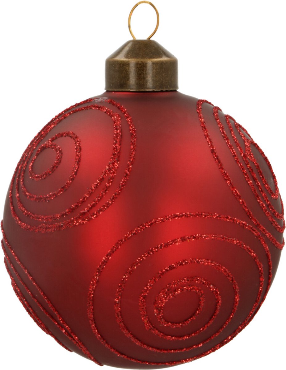 Oneiro's luxe Luxe glazen kerstbal mat bordeauxrood rode glitter krullen 8 - kerstbal - luxe verpakking – kerstcollectie – kerstdecoratie – kerstboomhanger – kerstversiering
