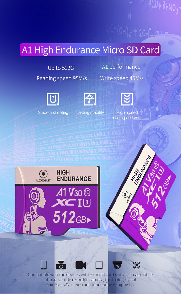 Carte Micro SD 128/256 GB, Carte mémoire UHS-I, Carte TF Classe 10 -  Jusqu'à 104 MB/s, A1, Stockage étendu pour caméra de surveillance & sécurité