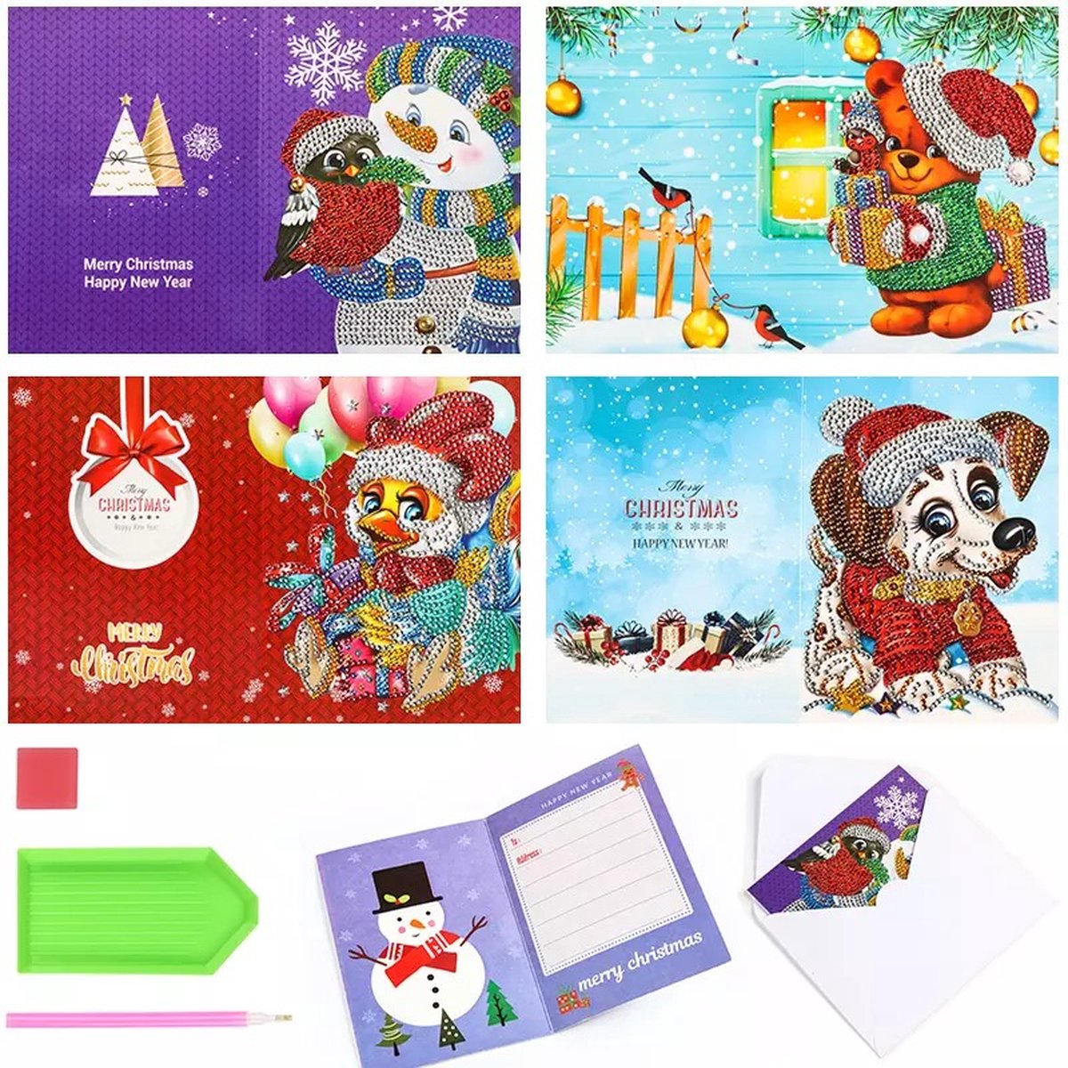 Huntex Diamond Painting Kerstkaarten - 8 Stuks 13x18cm - Complete Set — afbeelding 3