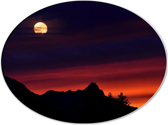 WallClassics - Dibond Ovaal - Gele Maan Boven de Bergen bij Zonsondergang - 40x30 cm Foto op Ovaal (Met Ophangsysteem)