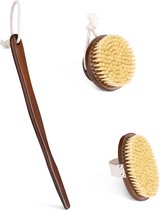 Navaris 2x houten dry brush – 1x ronde borstel, 1x ovale borstel met steel - Droogborstel van sisal - Voor gladder en steviger uitziende huid