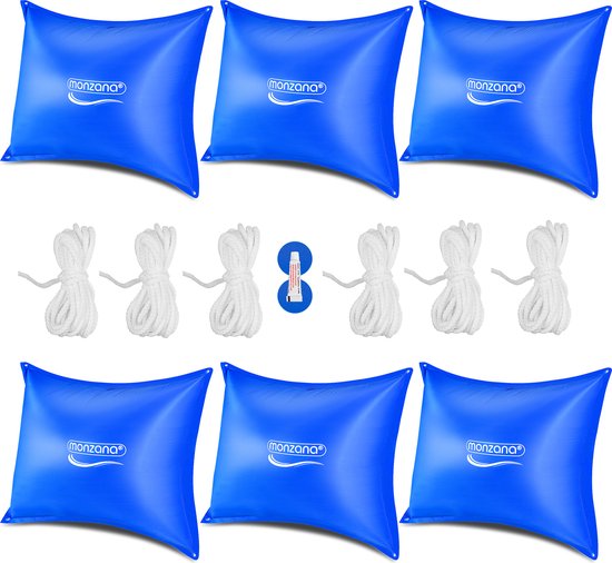 Zes blauwe zwembadkussens met Monzana logo, met touwen en reparatiekits.