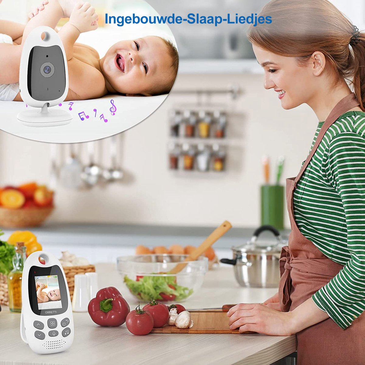 Afbeelding 2 van Orretti® Babyfoon met camera - Babyfoon met camera 2.0 inch babyfoon met camera, Babyfoon video en audio met nachtzicht en slaapliedjes - VOX-functie Intercomfunctie - Temperatuurbewaking
