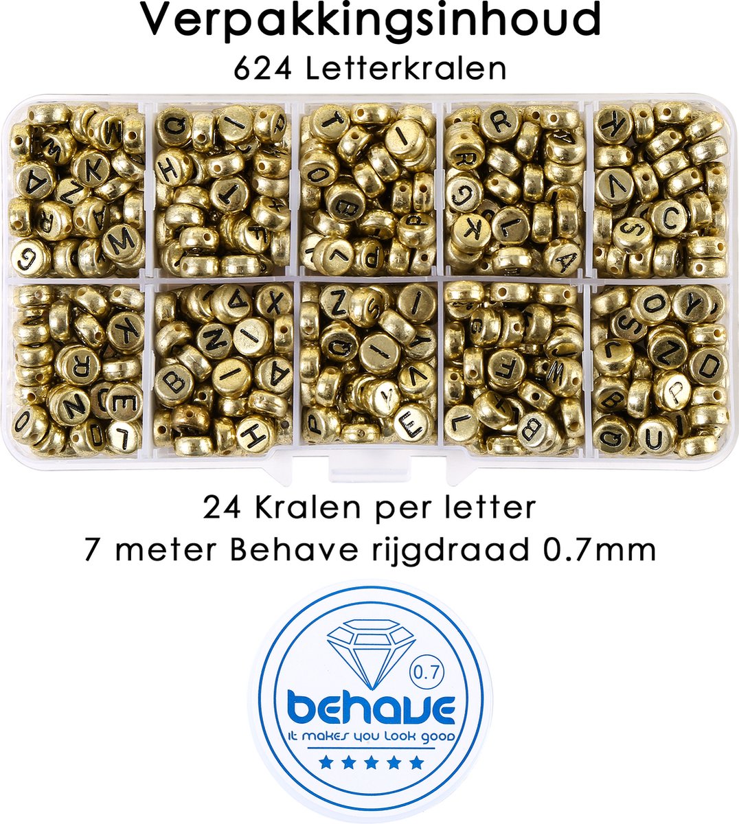 Behave Letterkralen Set - Goud met Zwarte Letters - Acryl - Kralen - Alfabet Kralen - Bedels - 7mm - 624 Stuks — afbeelding 7