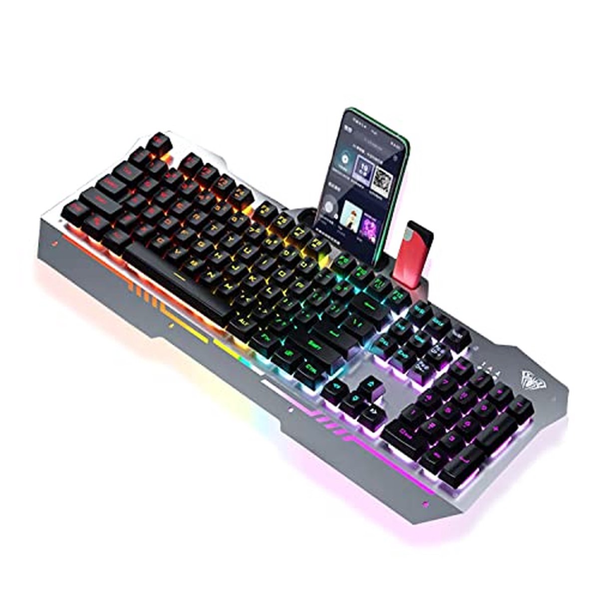 Gaming toetsenbord metalen paneel professionele RGB-achtergrondverlichting. Mechanisch gaming toetsenbord met telefoonhouder voor PC laptop.