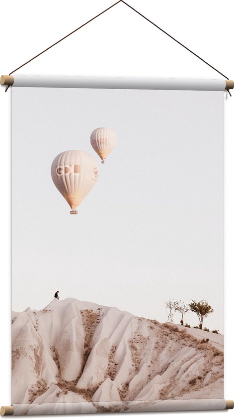 WallClassics - Textielposter - Twee Beige Luchtballonnen boven Beige Landschap - 60x90 cm Foto op Textiel