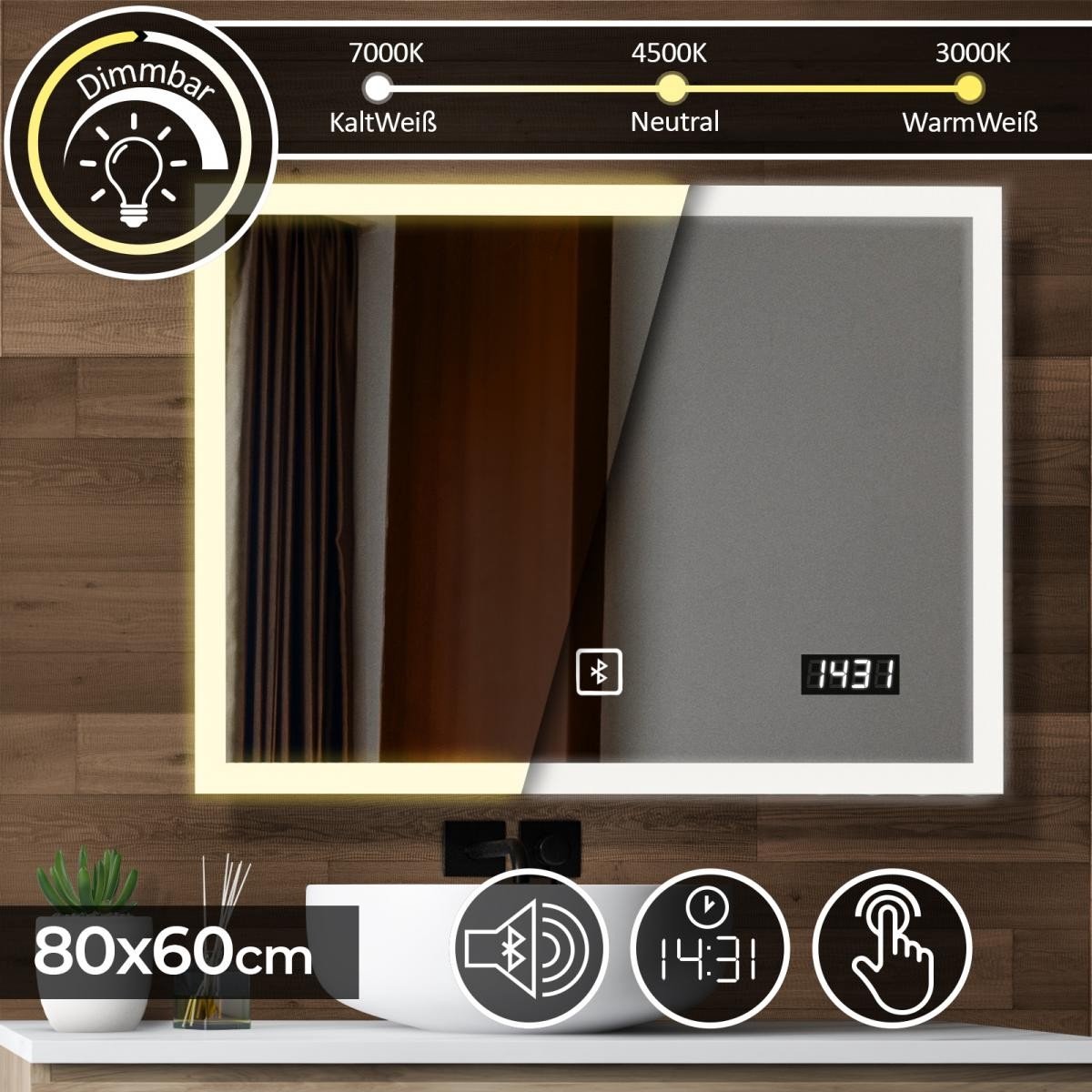 GoodVibes - LED Spiegel - Digitale Klok - Touchscreen - Dimbaar - Bluetooth Luidspreker - 80 x 60 CM