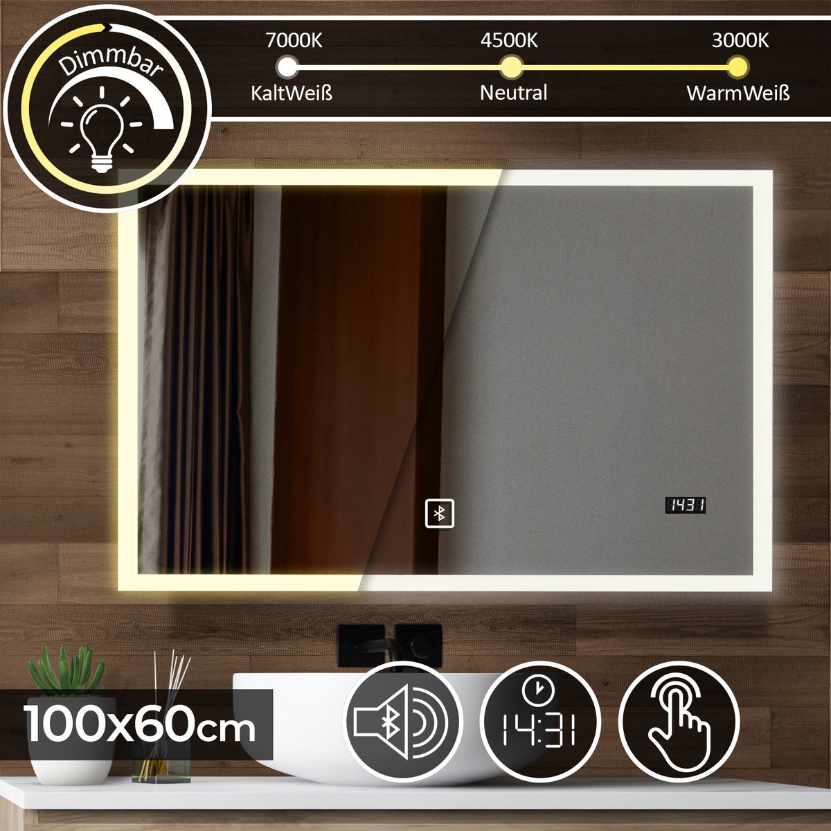 GoodVibes - LED Spiegel - Digitale Klok - Touchscreen - Dimbaar - Bluetooth Luidspreker - 100 x 60 CM
