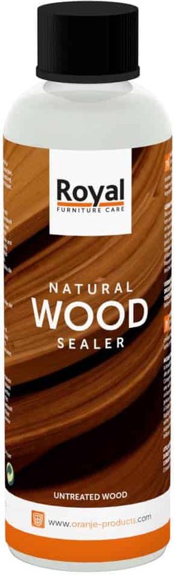 Fles Royal Natural Wood Sealer 250ml, met label met houttextuur.