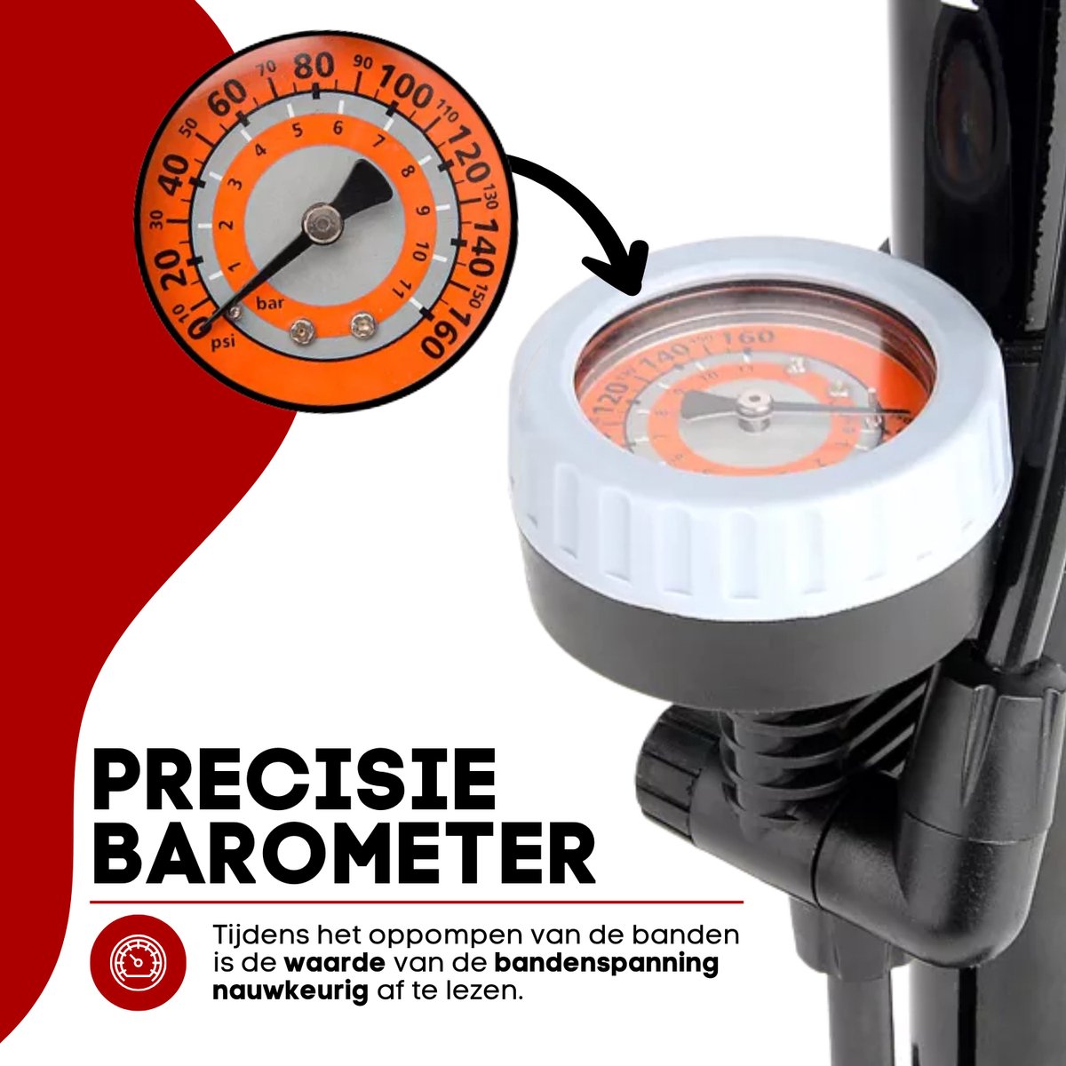 RYER Fietspomp Pro - Tot 11 bar - Met Drukmeter - Voor Fietsen, Ballen & Waterspeelgoed - Inclusief Bandenreparatieset & Adapterset — afbeelding 3