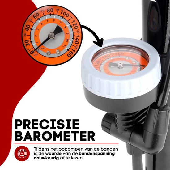 RYER Fietspomp Pro - Tot 11 bar - Met Drukmeter - Voor Fietsen, Ballen & Waterspeelgoed - Inclusief Bandenreparatieset & Adapterset — afbeelding 3