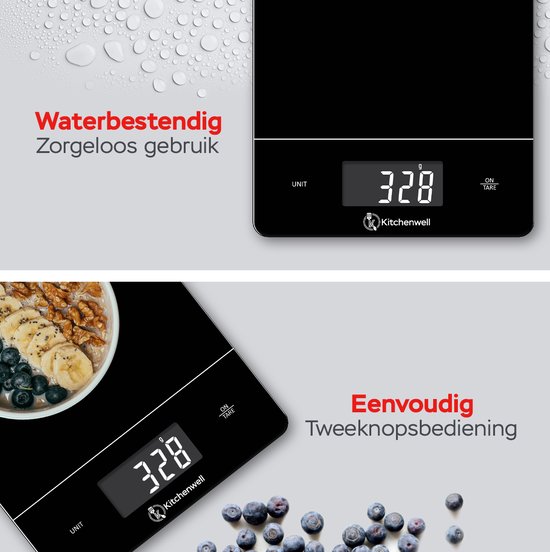 Balance de cuisine de précision numérique Kitchenwell - Balance de Cuisine - 1gr-15kg - Fonction tare - Zwart