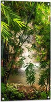 WallClassics - Tuinposter – Bamboe bij Waterval - 50x100 cm Foto op Tuinposter  (wanddecoratie voor buiten en binnen)