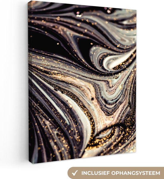 Canvas Schilderij Marmerlook - Zwart - Goud - Wit - Glitter - Marmer - Wanddecoratie