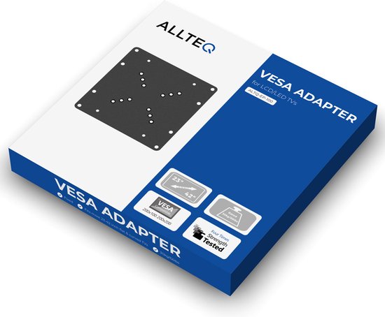 Doos van ALLTEQ VESA ADAPTER voor LCD/LED TV's. Toont beugel en specificaties: 23"-42", 200x100/200x200.