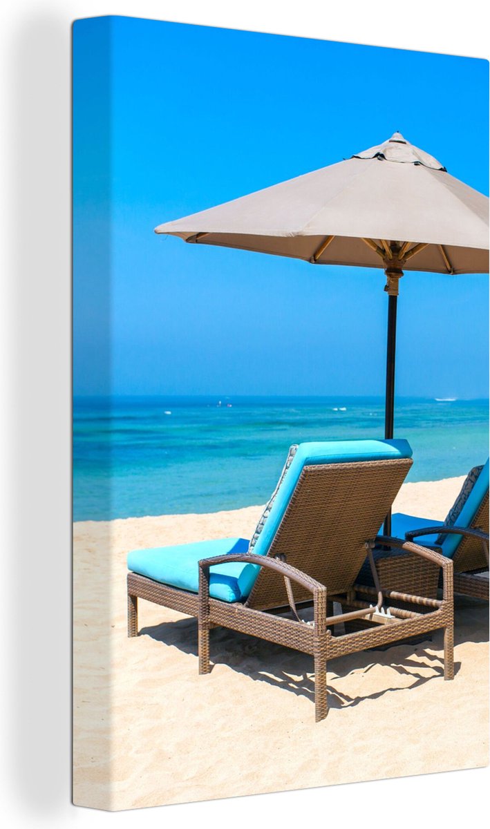 Canvas Schilderij Strandstoel - Parasol - Zomer - Zee - 40x60 cm - Wanddecoratie