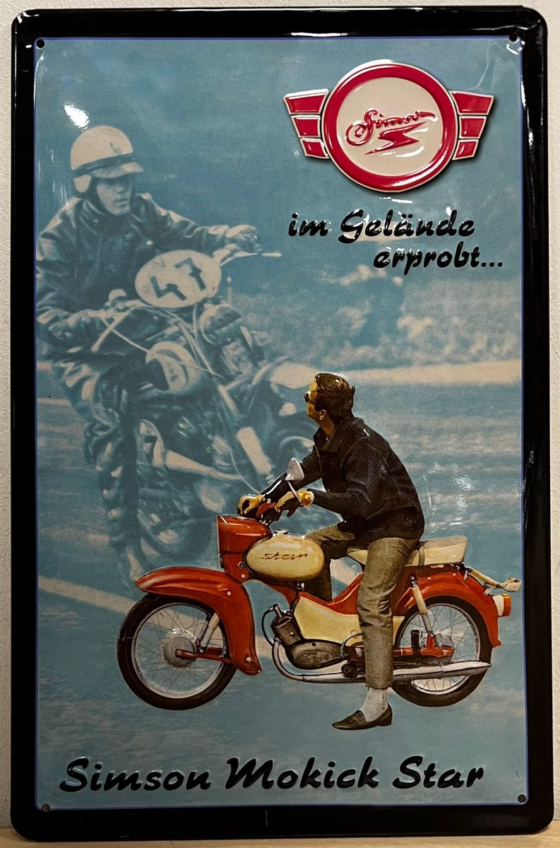 Simson Mokcik brommer Reclamebord van metaal 30 x 20 cm GEBOLD BORD MET RELIEF METALEN-WANDBORD - MUURPLAAT - VINTAGE - RETRO - HORECA- WANDDECORATIE -TEKSTBORD - DECORATIEBORD - RECLAMEPLAAT - WANDPLAAT - NOSTALGIE -CAFE- BAR -MANCAVE- KROEG