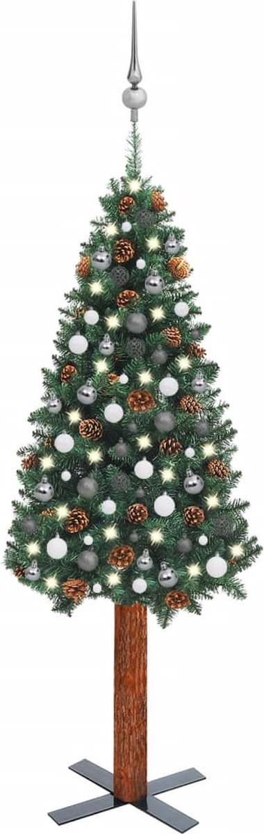 Prolenta Premium - Kerstboom met LED's en kerstballen smal 180 cm PVC groen