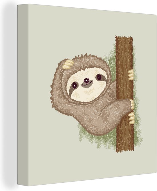 Peintures sur toile - Illustration pour enfants d'un paresseux sur un tronc d'arbre - 50x50 cm - Décoration murale