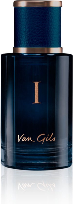 Donkerblauwe fles met gouden dop en label "I" en "Van Gils".