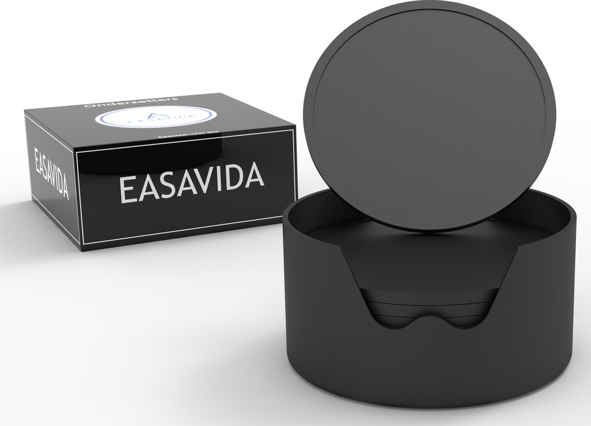 Easavida – Onderzetters voor Glazen – 8 stuks – Siliconen – Onderlegger – Inclusief Houder – Inclusief E-book – Zwart – Rond Design - Easavida