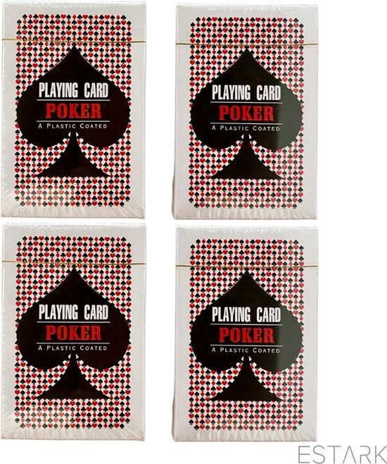 Thumbnail van een extra afbeelding van het spel ESTARK Luxe Speelkaarten - 4 sets - Plastic Coating - Poker Kaarten - kaartspel - Spelkaarten - Spel Kaart - 4 x 56 - Gezelschapsspel - Spelen - Playing Cards - Cijfer In Alle 4 De Hoeken - 4 STUKS