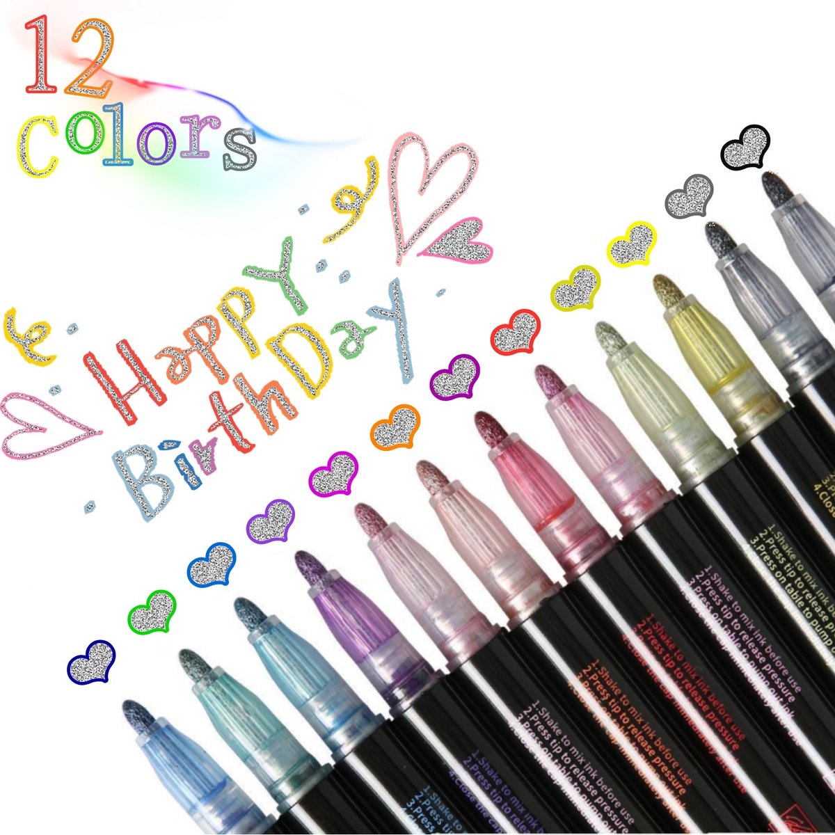 Glitterstiften 12 kleuren - Glitterpennen - Metallic Outline Markers Pennen