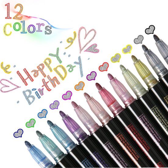 Glitterstiften 12 kleuren - Glitterpennen - Metallic Outline Markers Pennen
